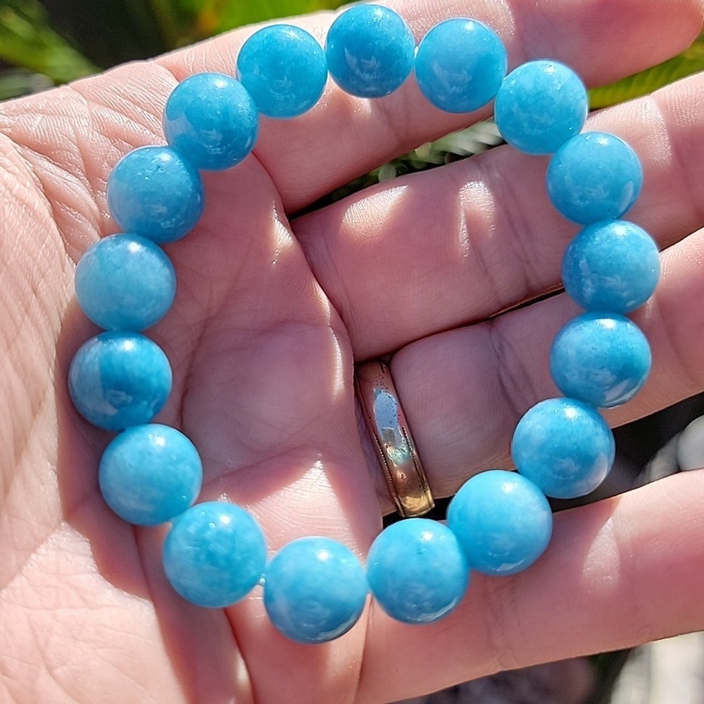 Natural 12mm Blue Larimar Gemstone Round Beads Unisex Bracelet 6.75"+ Beaded NEW